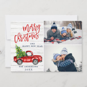 Retro Christmas Red Truck Rustic 2 PHOTO Greeting Holiday Card