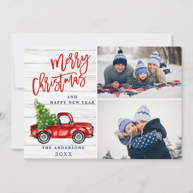 Retro Christmas Red Truck Rustic 2 PHOTO Greeting Holiday Card (Front)