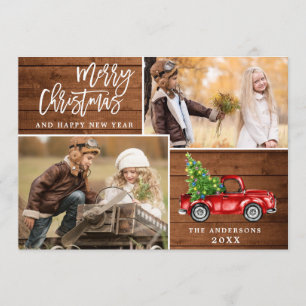 Retro Christmas Red Truck Rustic 2 PHOTO Greeting Holiday Card