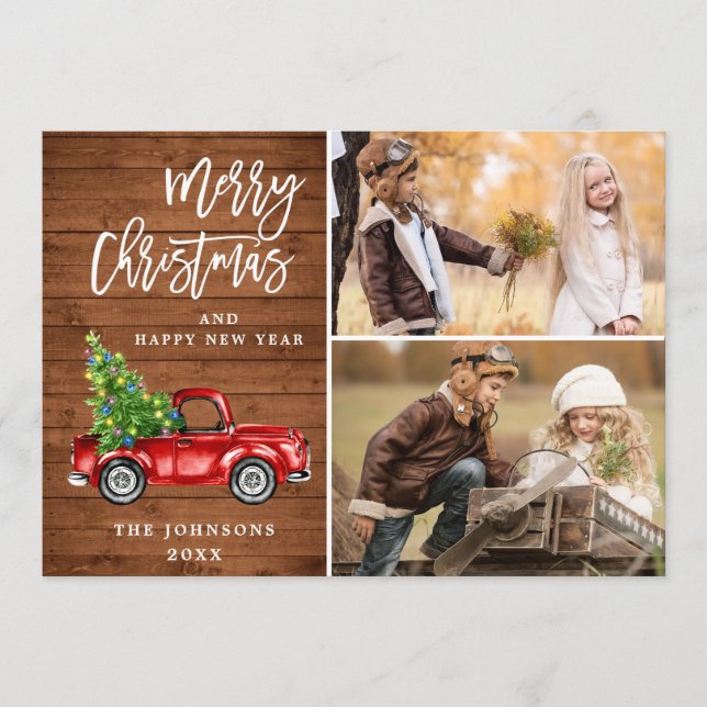 Retro Christmas Red Truck Rustic 2 PHOTO Greeting Holiday Card (Front)