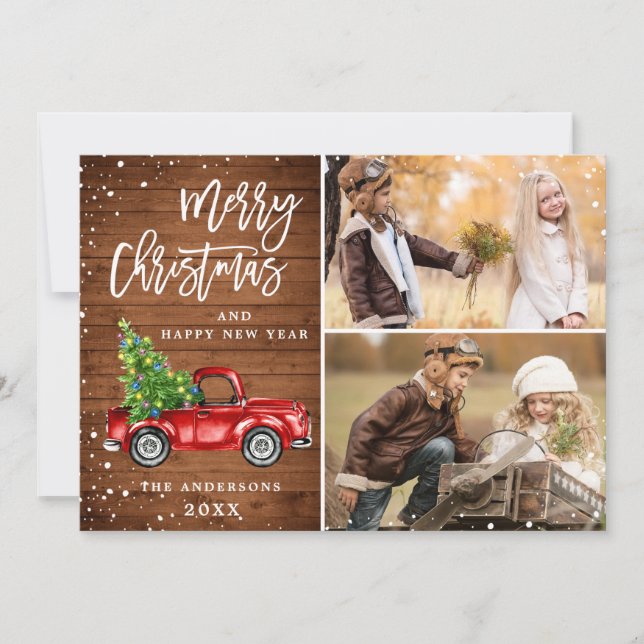 Retro Christmas Red Truck Rustic 2 PHOTO Greeting Holiday Card (Front)