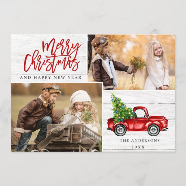 Retro Christmas Red Truck Rustic 2 PHOTO Greeting Holiday Card (Front)