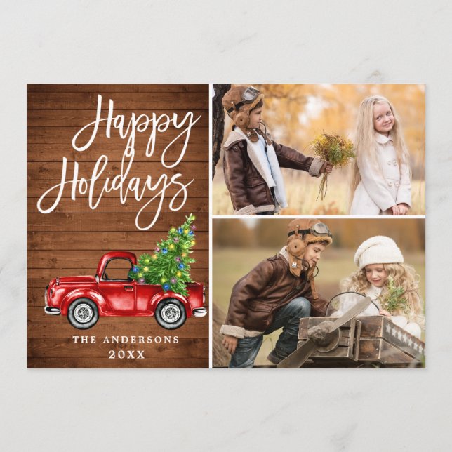 Retro Christmas Red Truck Rustic 2 PHOTO Greeting Holiday Card (Front)