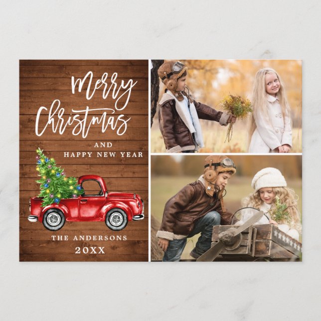Retro Christmas Red Truck Rustic 2 PHOTO Greeting Holiday Card (Front)