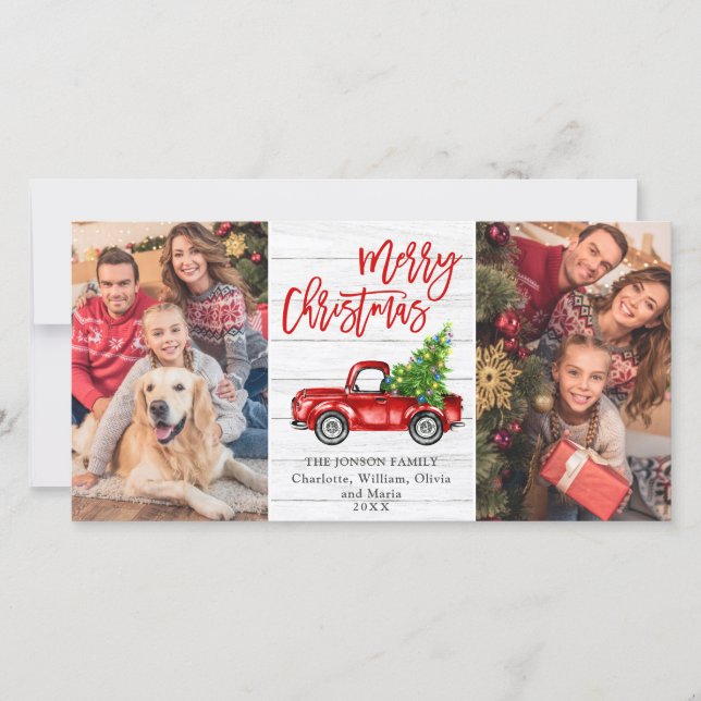 Retro Christmas Red Truck Rustic 2 PHOTO Greeting Holiday Card (Front)