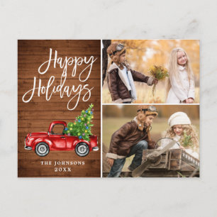 Retro Christmas Red Truck Rustic 2 PHOTO Greeting Postcard