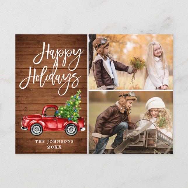 Retro Christmas Red Truck Rustic 2 PHOTO Greeting Postcard (Front)
