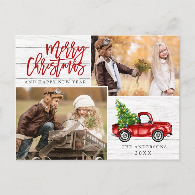 Retro Christmas Red Truck Rustic 2 PHOTO Greeting Postcard (Front)