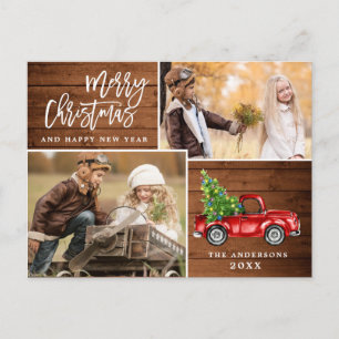 Retro Christmas Red Truck Rustic 2 PHOTO Greeting Postcard