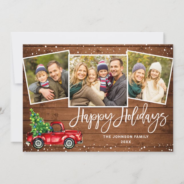 Retro Christmas Red Truck Rustic 3 PHOTO Greeting Holiday Card (Front)