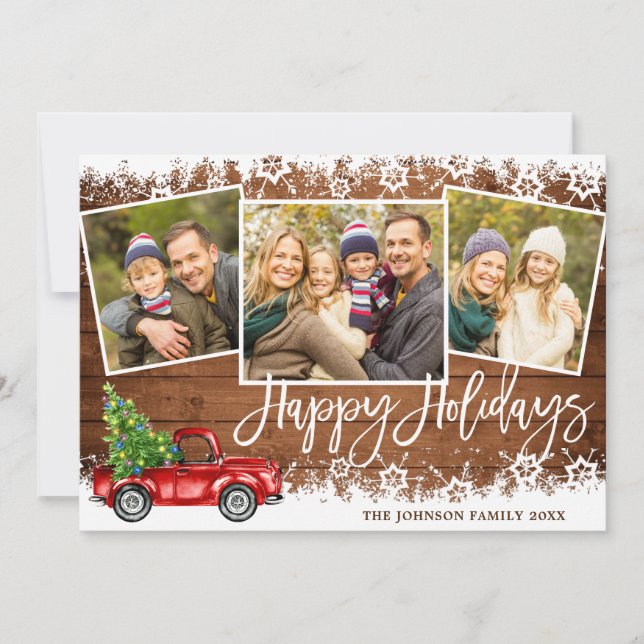 Retro Christmas Red Truck Rustic 3 PHOTO Greeting Holiday Card (Front)