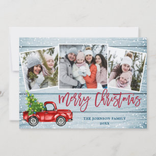 Retro Christmas Red Truck Rustic 3 PHOTO Greeting Holiday Card