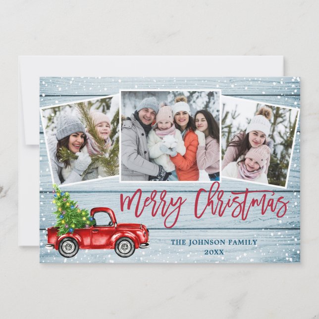 Retro Christmas Red Truck Rustic 3 PHOTO Greeting Holiday Card (Front)