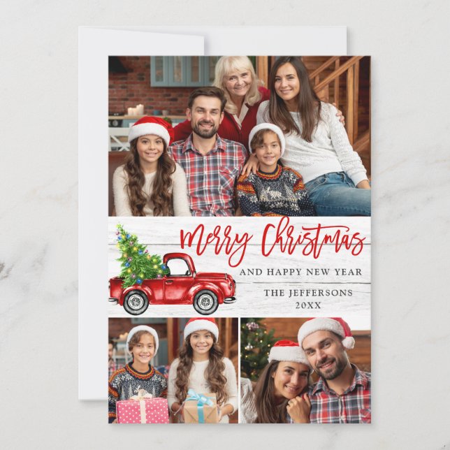 Retro Christmas Red Truck Rustic 3 PHOTO Greeting Holiday Card (Front)