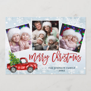 Retro Christmas Red Truck Rustic 3 PHOTO Greeting Holiday Card