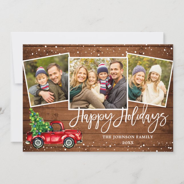 Retro Christmas Red Truck Rustic 3 PHOTO Greeting Holiday Card (Front)
