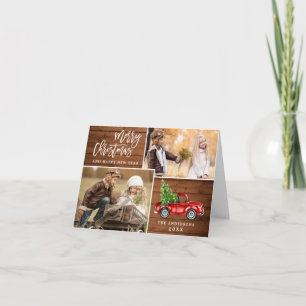 Retro Christmas Red Truck Rustic 3 PHOTO Greeting Holiday Card