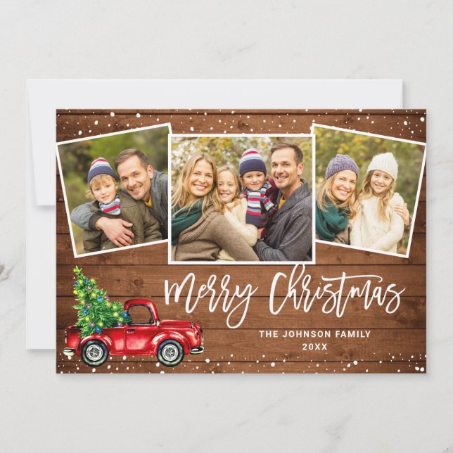 Retro Christmas Red Truck Rustic 3 PHOTO Greeting Holiday Card (Front)