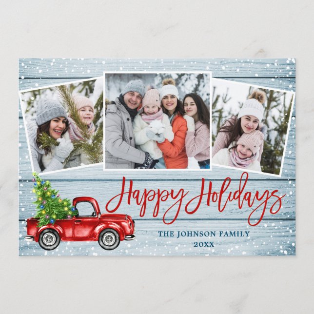 Retro Christmas Red Truck Rustic 3 PHOTO Greeting Holiday Card (Front)