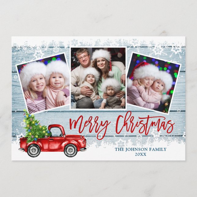 Retro Christmas Red Truck Rustic 3 PHOTO Greeting Holiday Card (Front)