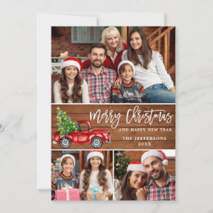 Retro Christmas Red Truck Rustic 3 PHOTO Greeting Holiday Card
