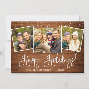 Retro Christmas Red Truck Rustic 3 PHOTO Greeting Holiday Card