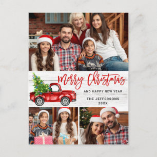 Retro Christmas Red Truck Rustic 3 PHOTO Greeting Postcard