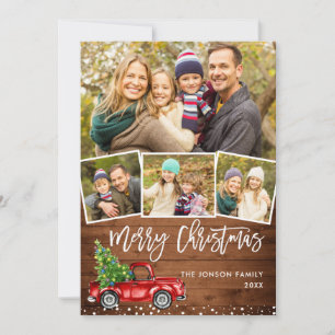 Retro Christmas Red Truck Rustic 4 PHOTO Greeting Holiday Card