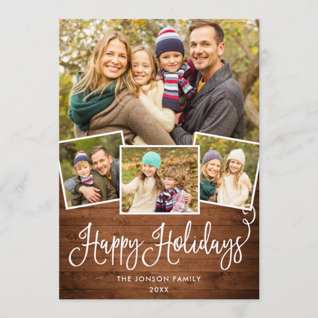 Retro Christmas Red Truck Rustic 4 PHOTO Greeting Holiday Card (Front)