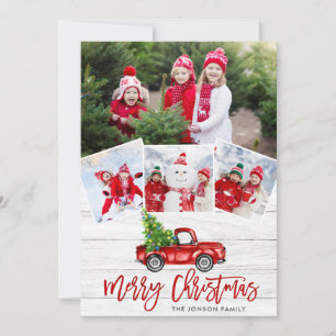 Retro Christmas Red Truck Rustic 4 PHOTO Greeting Holiday Card