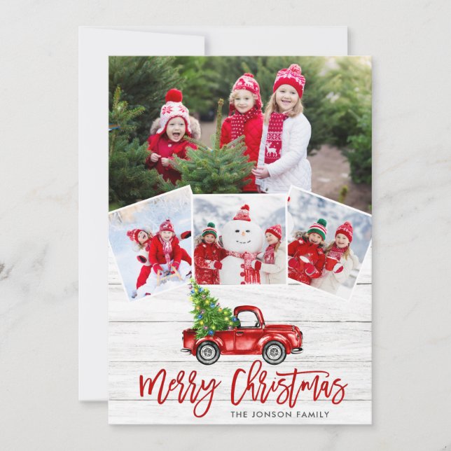 Retro Christmas Red Truck Rustic 4 PHOTO Greeting Holiday Card (Front)