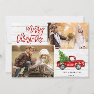 Retro Christmas Red Truck Rustic 5 PHOTO Greeting Holiday Card