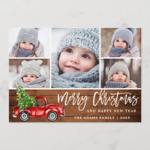 Retro Christmas Red Truck Rustic 5 PHOTO Greeting Holiday Card