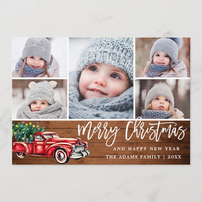 Retro Christmas Red Truck Rustic 5 PHOTO Greeting Holiday Card (Front)