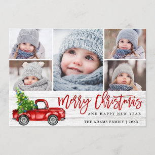 Retro Christmas Red Truck Rustic 5 PHOTO Greeting Holiday Card