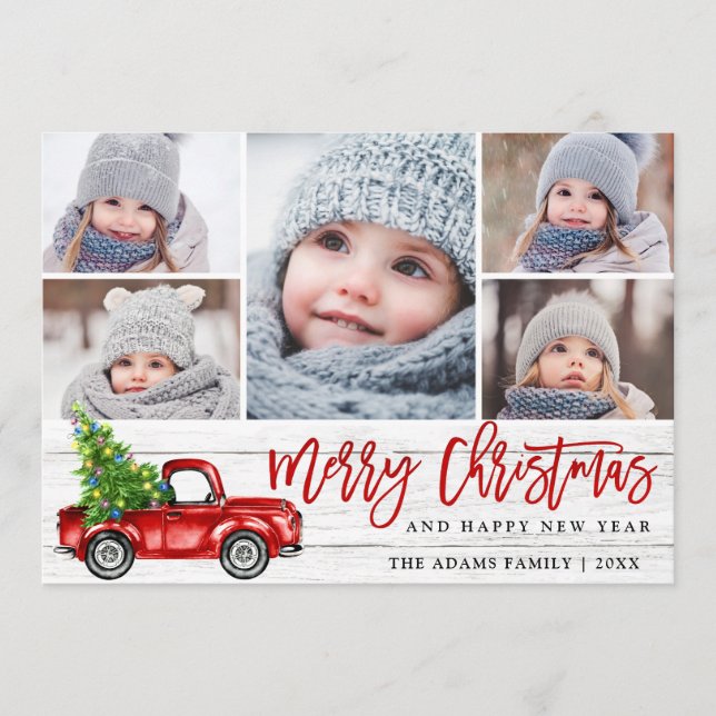 Retro Christmas Red Truck Rustic 5 PHOTO Greeting Holiday Card (Front)