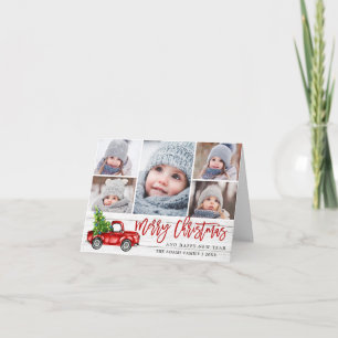 Retro Christmas Red Truck Rustic 5 PHOTO Greeting Holiday Card