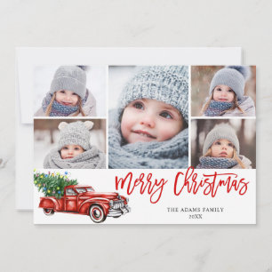 Retro Christmas Red Truck Rustic 5 PHOTO Greeting Holiday Card