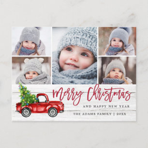 Retro Christmas Red Truck Rustic 5 PHOTO Greeting Postcard
