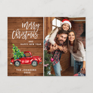 Retro Christmas Red Truck Rustic PHOTO Greeting Postcard