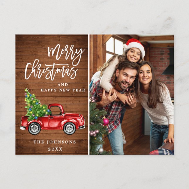 Retro Christmas Red Truck Rustic PHOTO Greeting Postcard (Front)