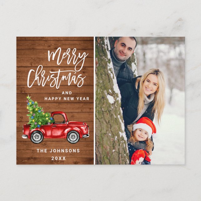 Retro Christmas Red Truck Rustic PHOTO Greeting Postcard (Front)