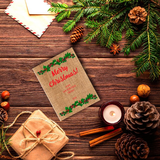 Retro Christmas red typography  burlap Postcard (Creator Uploaded)