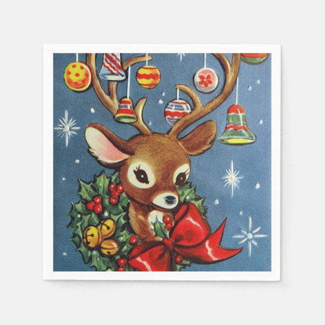 Retro Christmas reindeer Party paper napkins (Front)