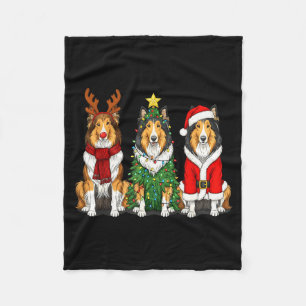 Retro Christmas Rough Collie Santa Reindeer Dog Lo Fleece Blanket