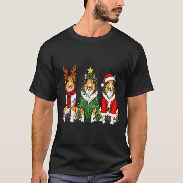 Retro Christmas Rough Collie Santa Reindeer Dog Lo T-Shirt (Front)