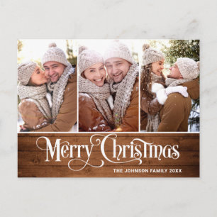 Retro Christmas Rustic  3 PHOTO Greeting Holiday Postcard