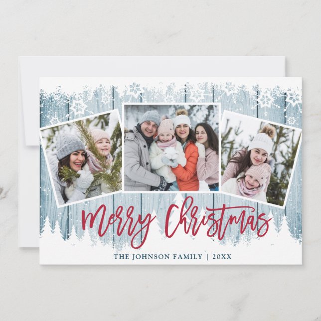 Retro Christmas  Rustic Blue Wood 3 PHOTO Greeting Holiday Card (Front)