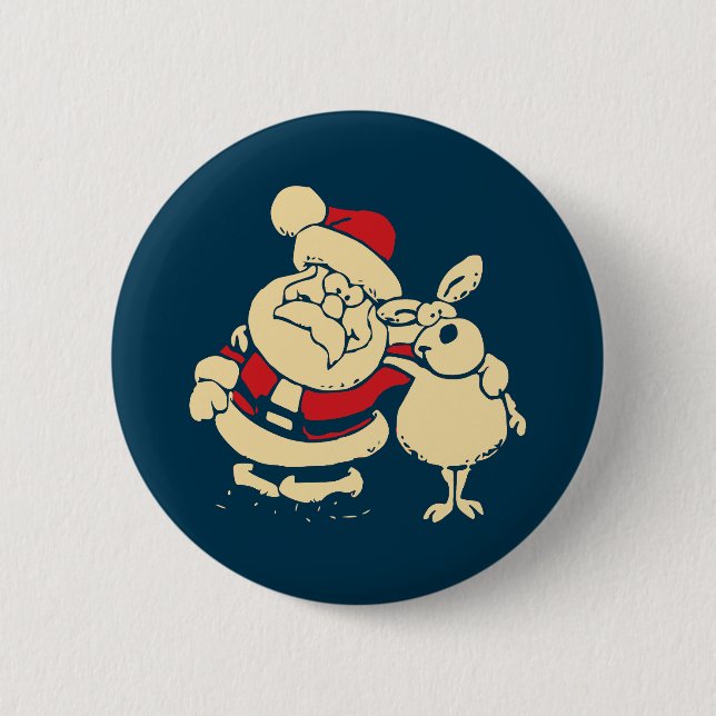 Retro Christmas Santa and his Reindeer Buddy 6 Cm Round Badge (Front)