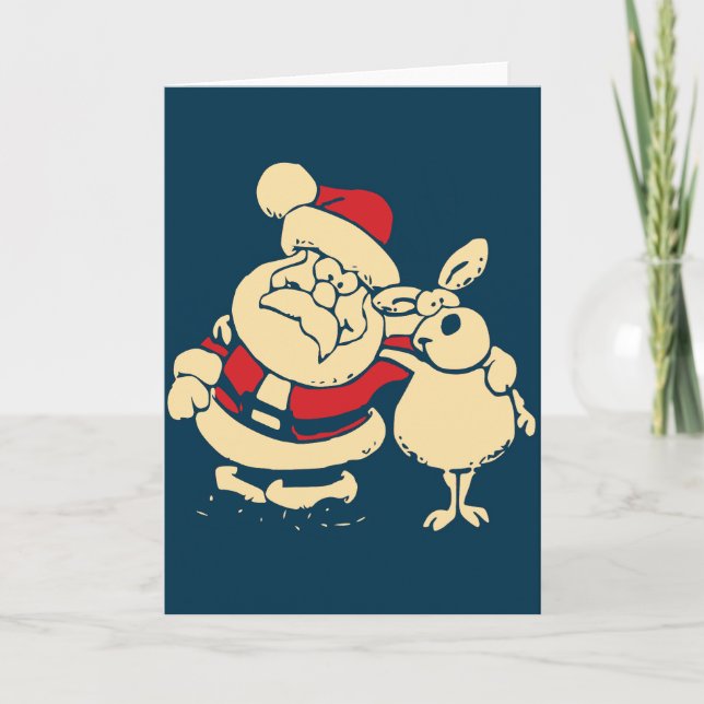 Retro Christmas Santa and his Reindeer Buddy Holiday Card (Front)